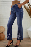 Dark Wash Daisy Print High Waist Flare Jeans