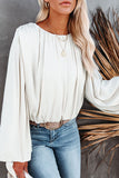 White Crew Neck Billowy Sleeve Blouse