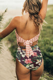 Floral Print Patchwork Stripes One-piece Swimsuit