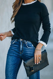 Black Solid Ruffled Crew Neck Knit Sweater