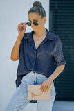 Blue Leopard Jacquard Short Sleeve Satin Blouse
