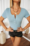 Scoop Neck Buttoned Front Ribbed Knit Short Sleeve Top