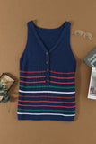 V Neck Striped Pattern Knit Tank Top with Buttons