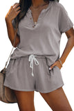 Buttoned Short Sleeve Top and Drawstring Shorts Lounge Set