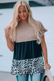 Brown Colorblock Leopard Ruffled Sleeve Babydoll Top