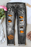 Spooky Pumpkin Graphic Contrast Distressed Jeans