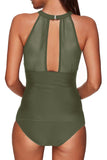 High Neck Plunge Mesh Ruched Tankini Swimwear