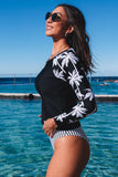 Black Leaf Stripe Print Round Neck Long Sleeve Surfing Swimsuit