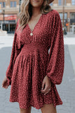 V Neck Balloon Sleeve Smocked Waist Printed Mini Dress