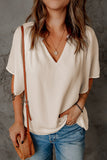 Beige Split Neck Pleated Loose Blouse