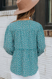 Sky Blue Floral Print Drawstring High Low V Neck Blouse
