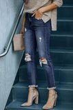 Distressed Raw Hem Button Mid Waist Jeans