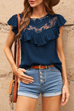 Navy Lace Splicing Ruffled Short Sleeve T-shirt