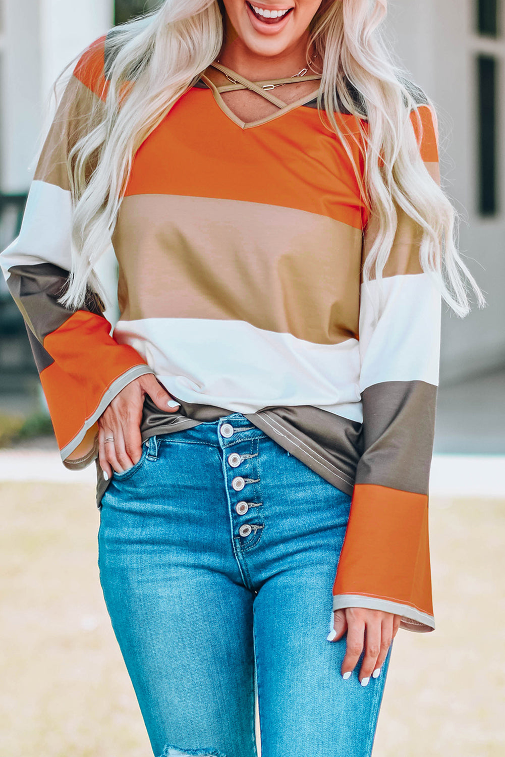 Color Block Criss Cross Flared Sleeve Top