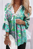 Tribal Print Lace Contrast V Neck Blouse