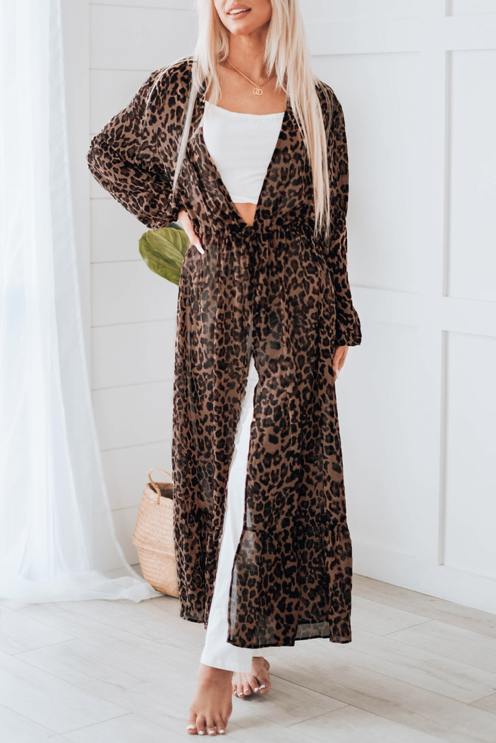 Leopard Print Tie Waist Open Front Kimono Beach Cover Up – ALELLY