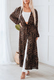 Leopard Print Tie Waist Open Front Kimono Beach Cover Up