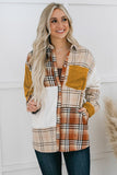Orange Plaid Color Block Patchwork Shirt Jacket with Pocket