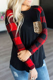 Sequined Pocket Plaid Raglan Black Top