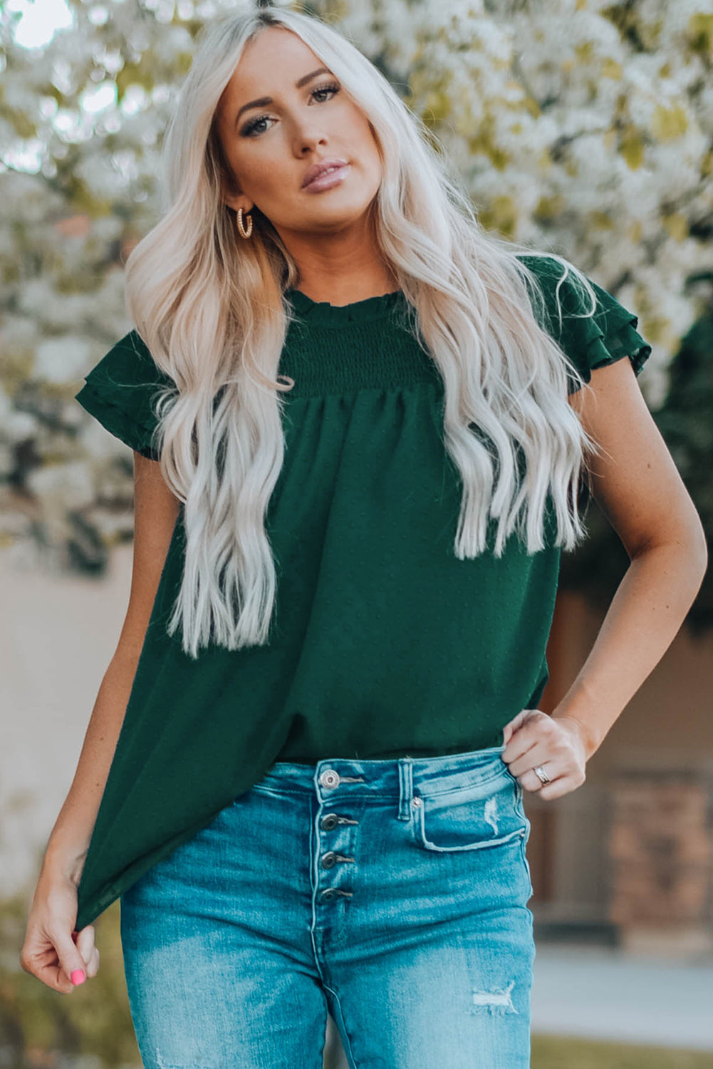 Green Tiered Sleeve Frilled Neck Dotted Top