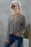 Solid Color Lace V Neck Long Sleeve Top