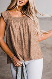 Khaki Floral Print Smocked Flounce Sleeveless Top