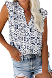 Ruffled Cap Sleeve Printed Split Neck Tank Top