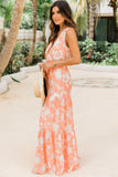 Orange Deep V Neck Sleeveless Empire Waist Floral Print Maxi Dress
