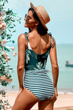 Floral and Striped Lace-up One-piece Swimwear