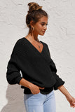 Beige Wrap V Neck Lantern Sleeve Textured Sweater