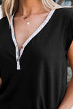 V Neck Buttoned Lace Trim Short Sleeve Tee