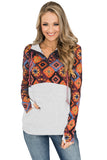Boho Print Color Block Patchwork Zip Collar Sweatshirt