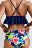 Blue Floral Print Ruffled Criss Cross Spaghetti Strap Bikini Swimsuit