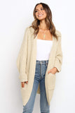 Beige Long Line Open Front Knitted Cardigan with Pockets