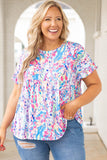 Vibrant Botanical Print Frill Short Sleeve Plus Size Top