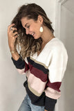 Khaki Colorblock V Neck Ribbed Knitted Sweater