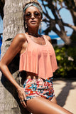 Print Crop Ruffled Overlay High Waist Tankini