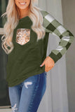 Plaid Splicing Sequined Pocket Long Sleeve Top