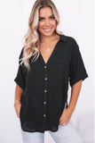Beige Loose V Neck Button Short Sleeve Shirt