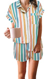 Multicolor Striped Turn-down Collared Pajamas Set
