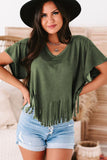 Green Fringe Hem V Neck T Shirt
