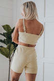 Beige Ribbed Knit Zip-up Crop Top and High Waist Shorts Two Piece Set