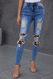 Medium Wash Distressed Halloween Pumpkin Face Patches Skinny Jeans