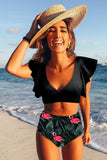 Floral Ruffled Hem High Waist Bikini Set
