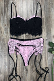 Spaghetti Strap Eyelash Lace Bralette Set with Garter Belt