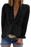 Swiss Dot Long Deep V Neck Pleated Sleeve Top
