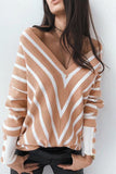 Khaki V Neck Popper Cuff Striped Casual Sweater