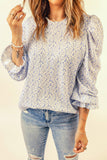 Sky Blue Floral Print Ruffles Puff Sleeve Blouse