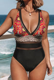 Floral Splicing Leopard Print Color Block Mesh One Piece Swimsuit