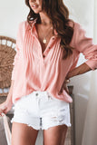 Pink Pleated Half Buttoned Waffle Knit Blouse